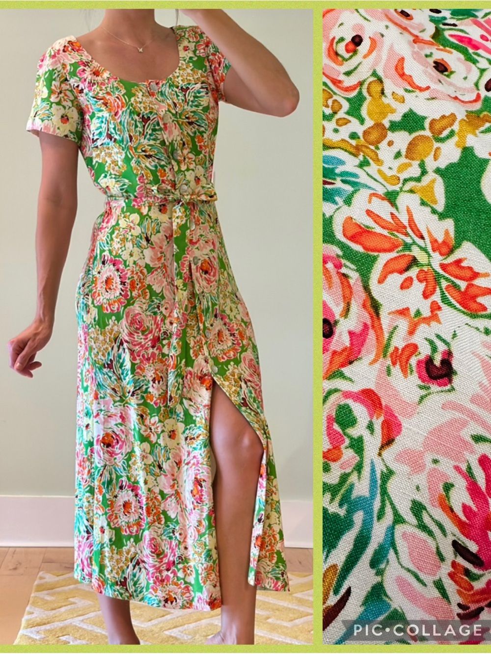 Coldwater Creek Green Floral Midi Dress with Pink and Orange Accents